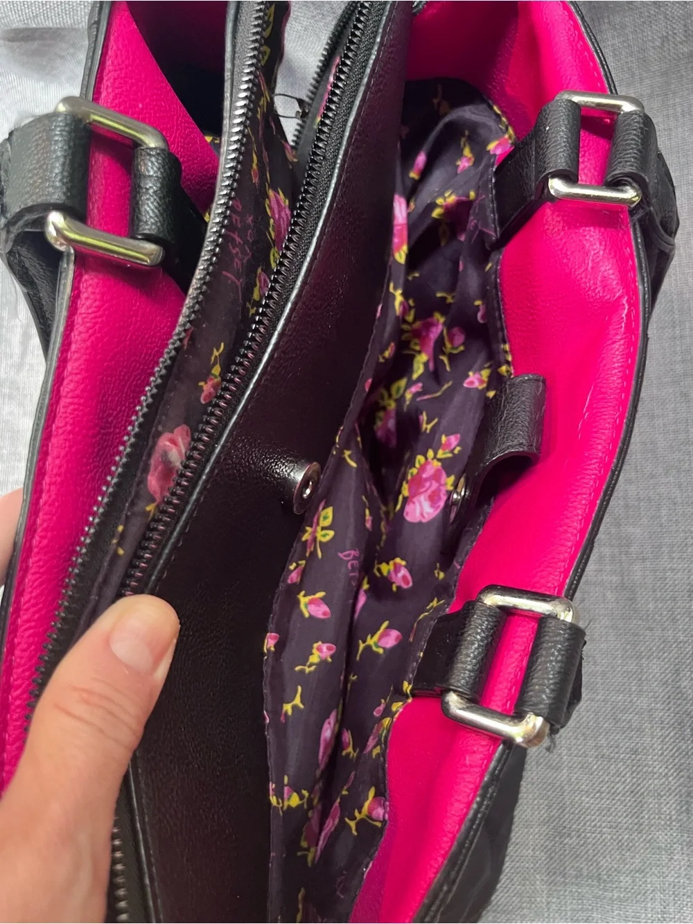 Black Betsy Johnson Quilted Heart Satchel with Bow Accent